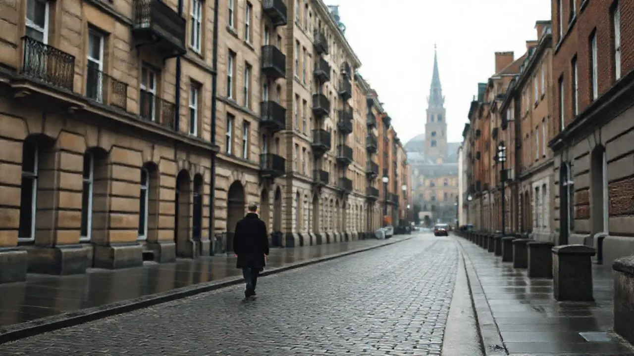 Calle húmeda, arquitectura antigua y melancólica