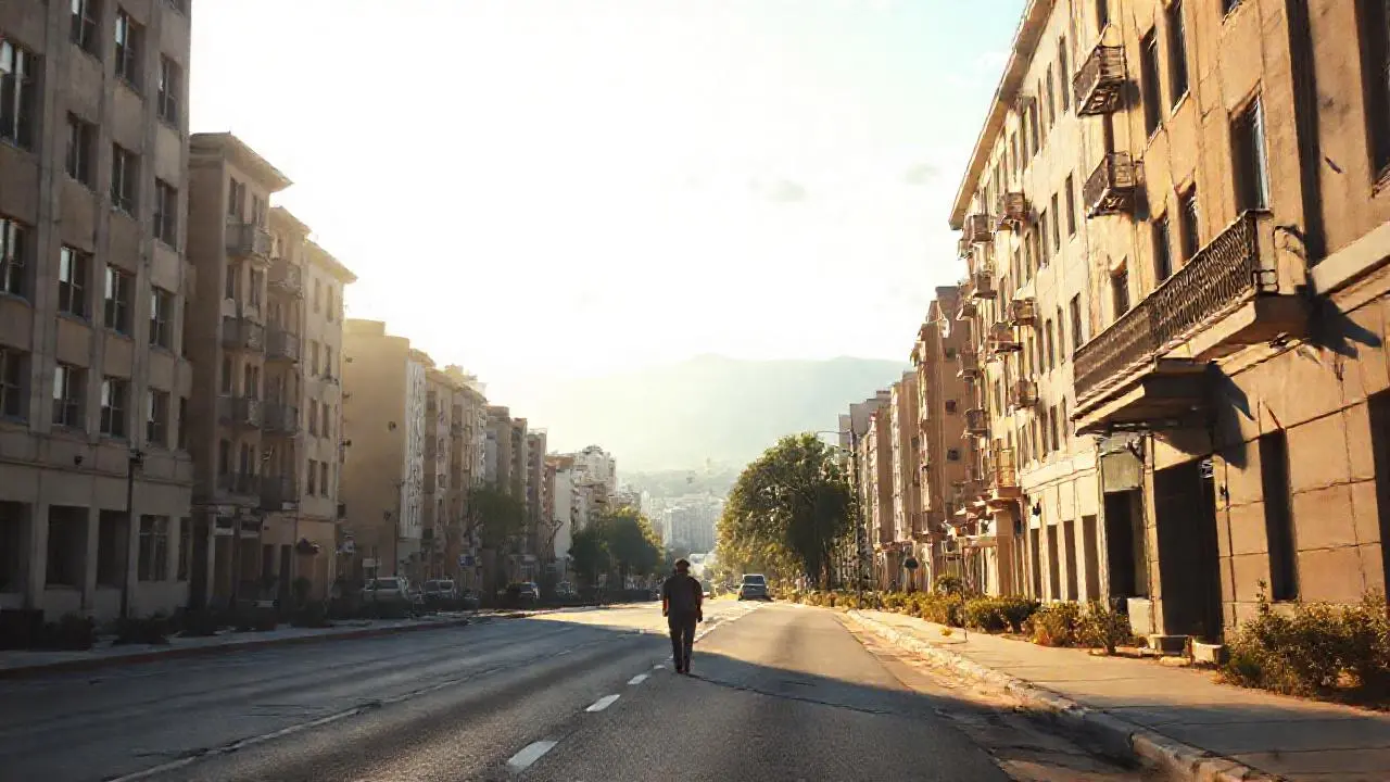 Avenida urbana soleada, amplia y distante
