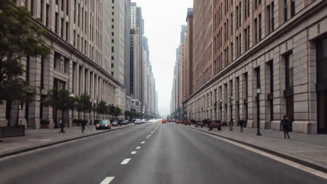 Avenida urbana amplia, atmósfera difusa y distante
