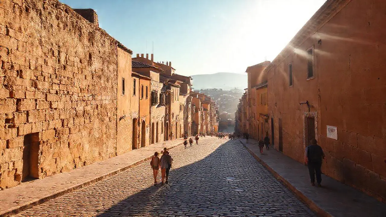 Pueblo antiguo, luz cálida y perspectiva profunda