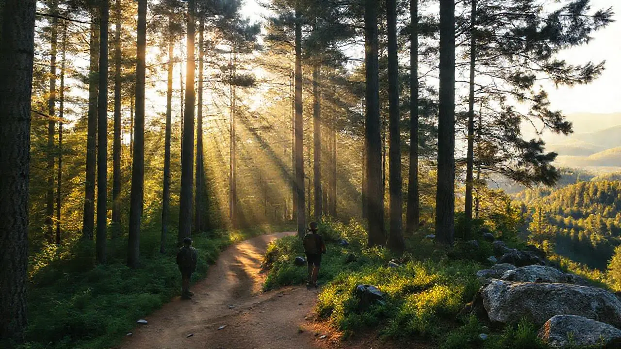 Bosque tranquilo, luz suave y sendero lejano