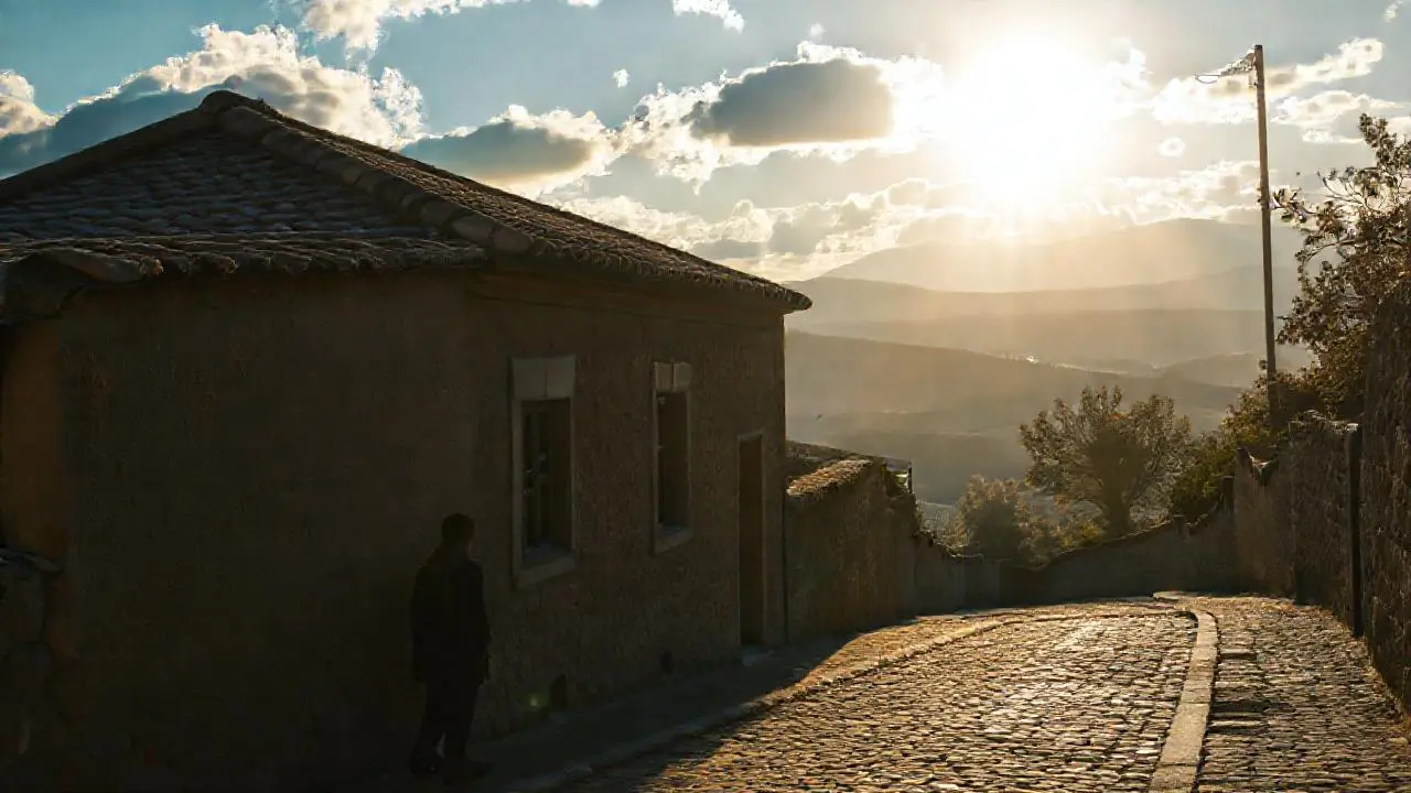 Puesta de sol atmosférica sobre paisaje antiguo