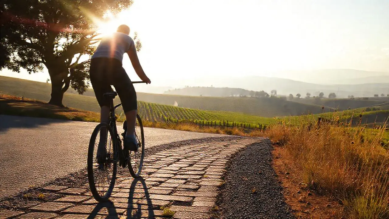 Ciclista pedalea en paisaje rural soleado