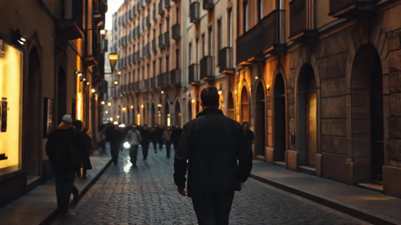 Calle antigua, luz cálida, ambiente urbano