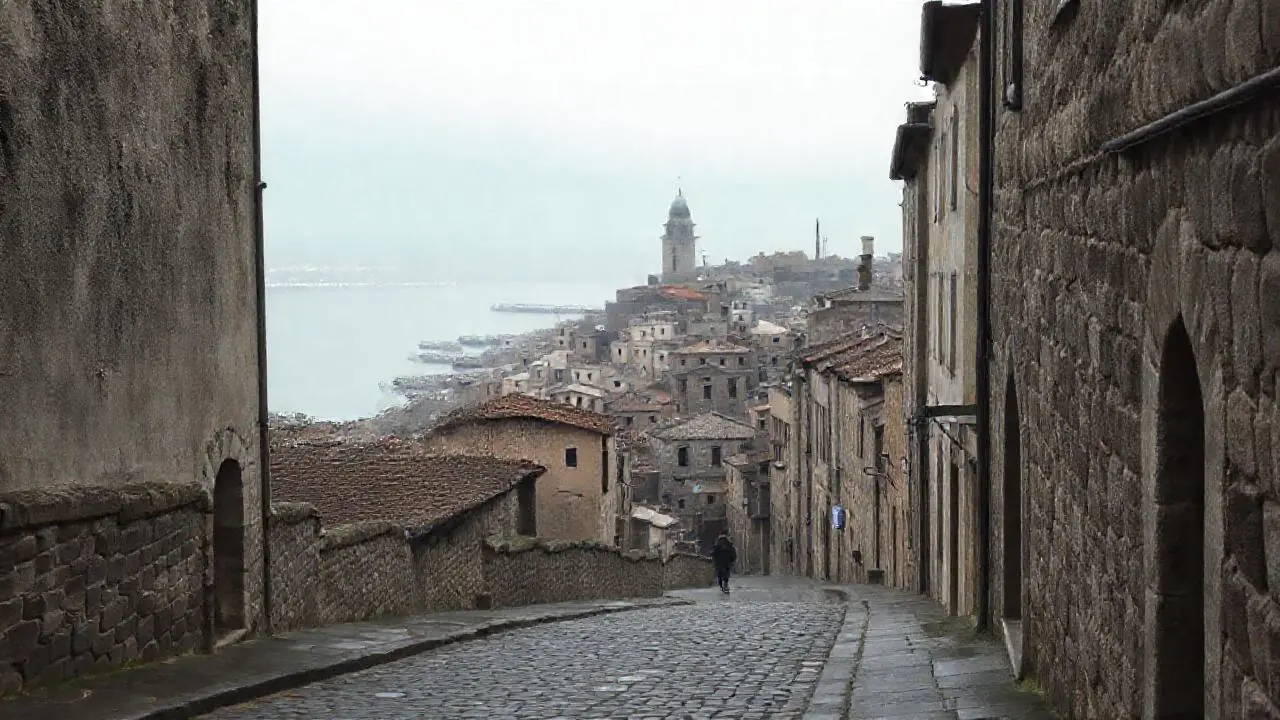 Pueblo antiguo, sereno y ligeramente brumoso