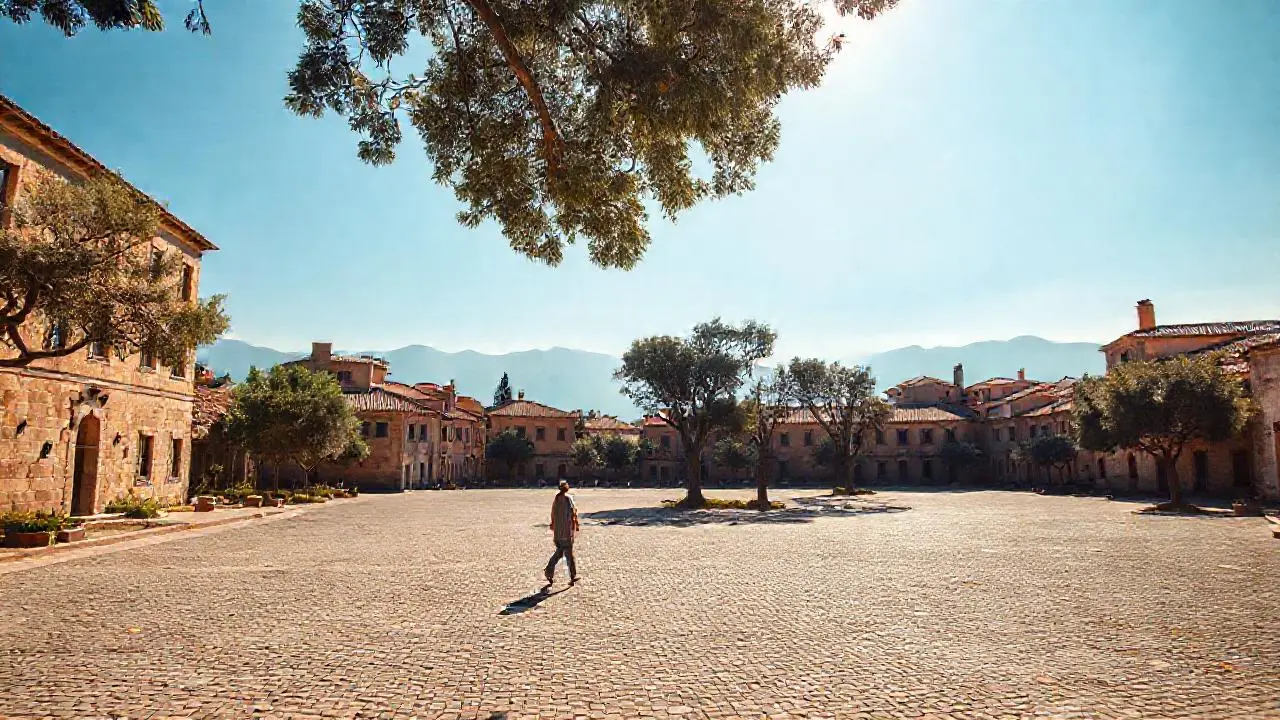 Plaza tranquila, luminosa y atmosférica
