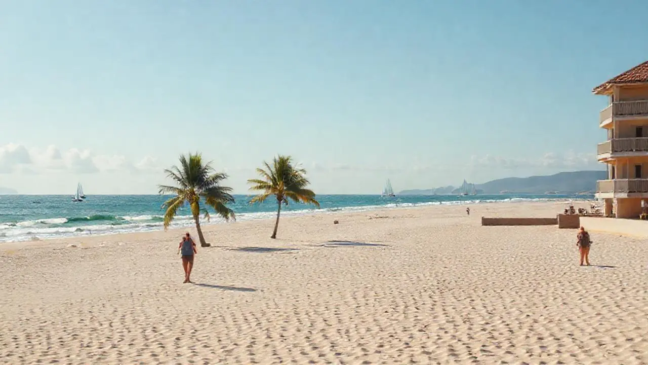 Playa serena, luz suave, ambiente relajado