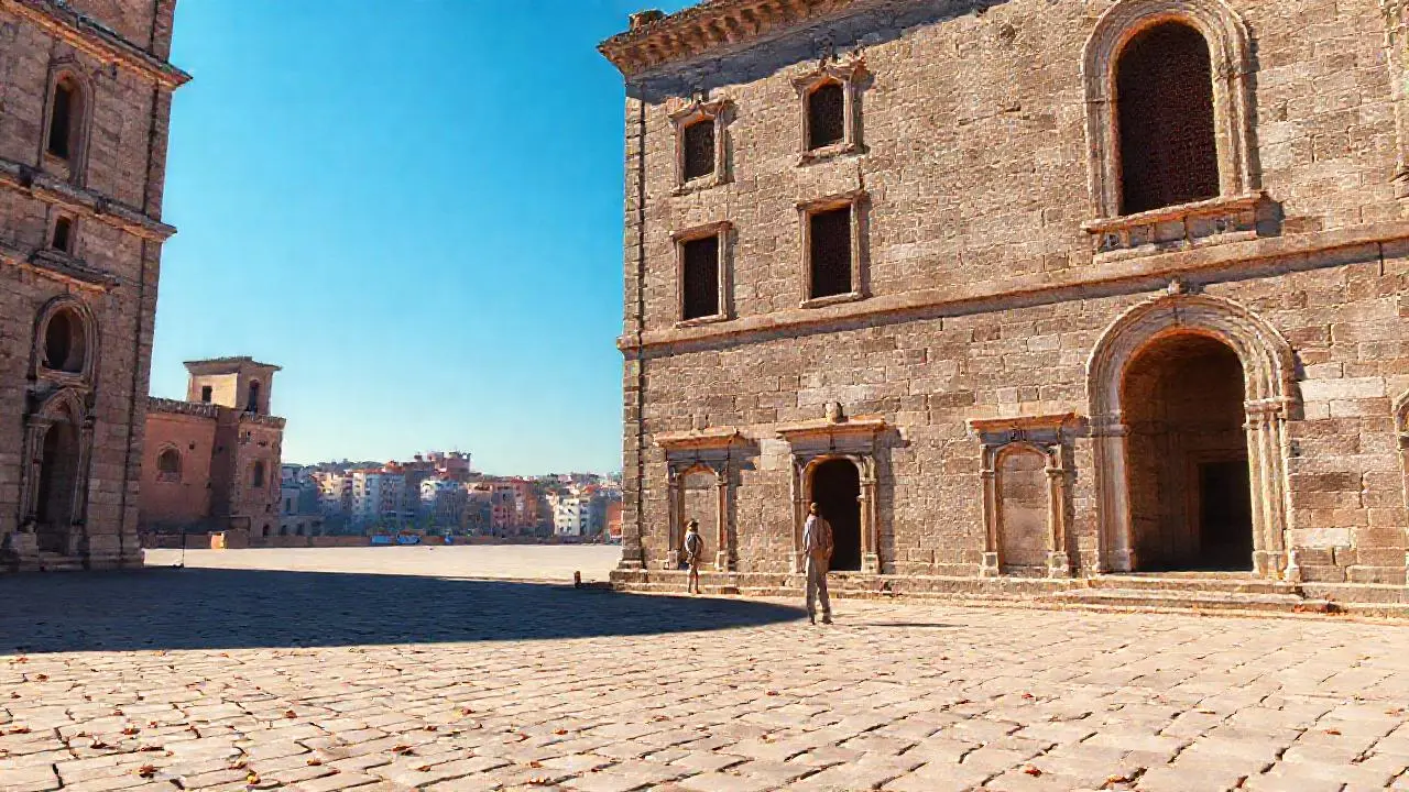 Fachada antigua en plaza soleada y amplia