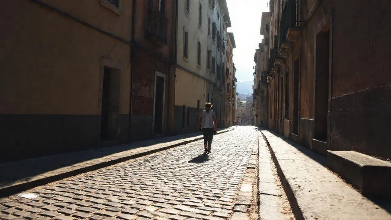Calle antigua, luz suave, figura solitaria