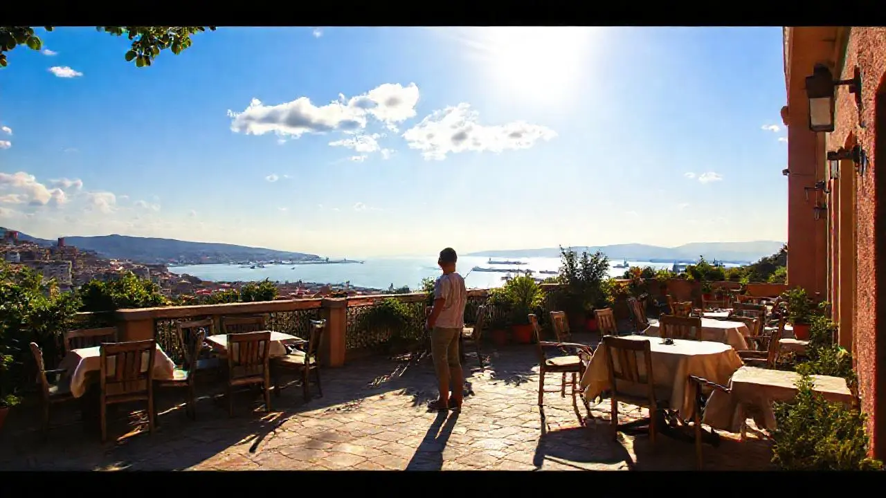 Tranquila terraza al aire libre, luz suave