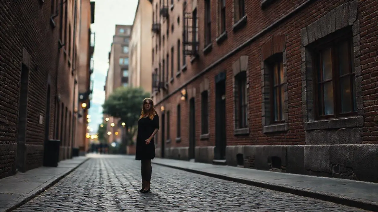 Calle urbana tranquila, luz suave y nostálgica