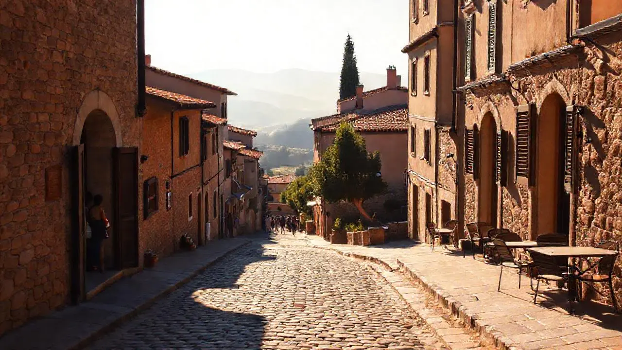 Pueblo antiguo, luz suave y atmósfera cálida