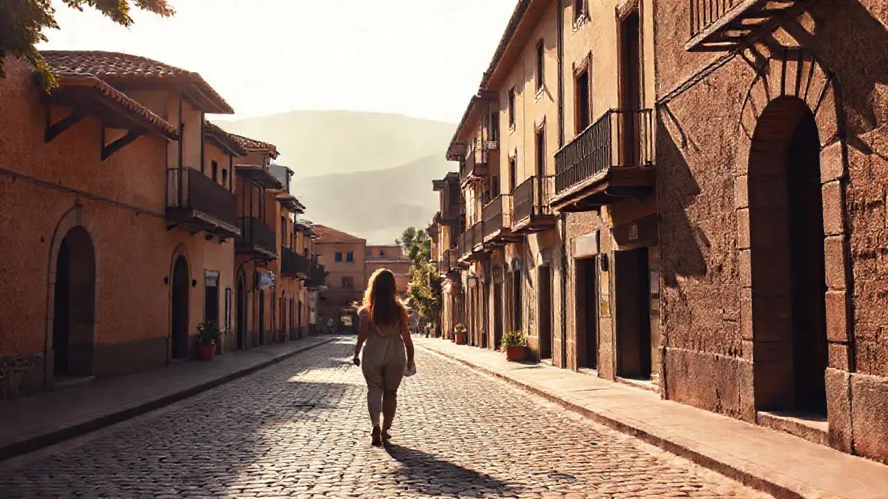 Calle tranquila, luz suave y atmósfera cálida