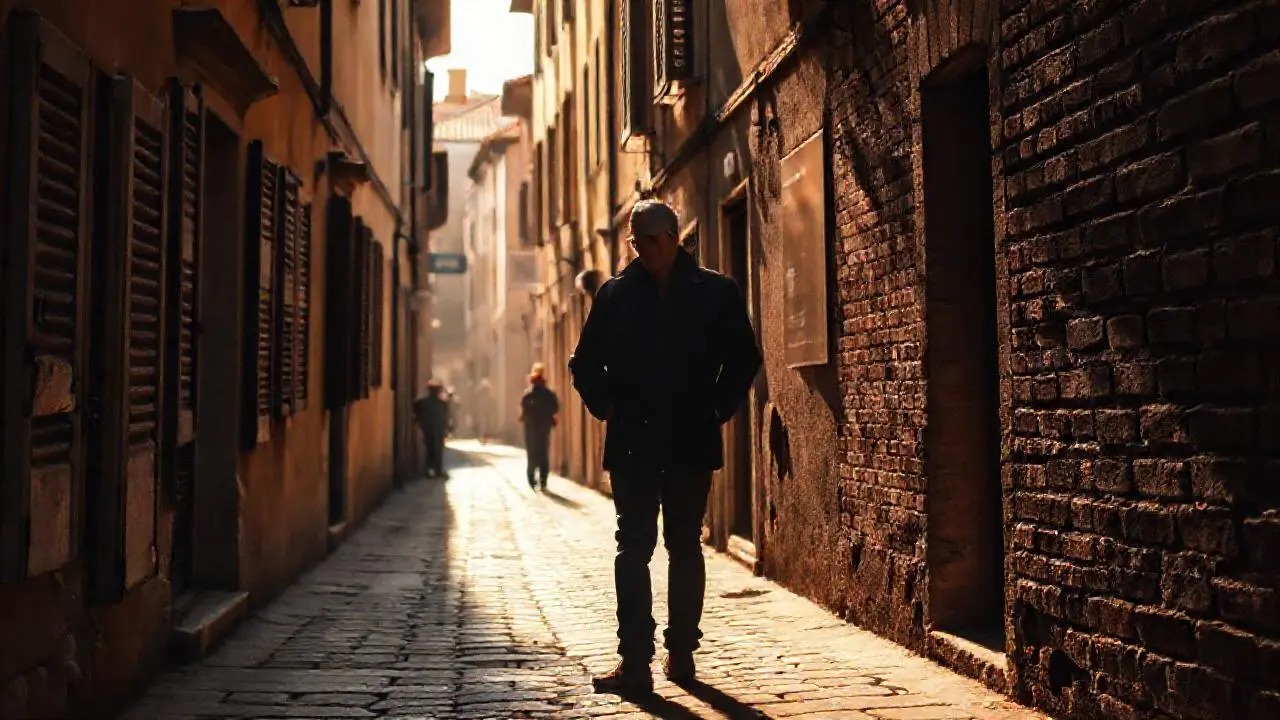 Calle antigua, tranquila y ligeramente borrosa