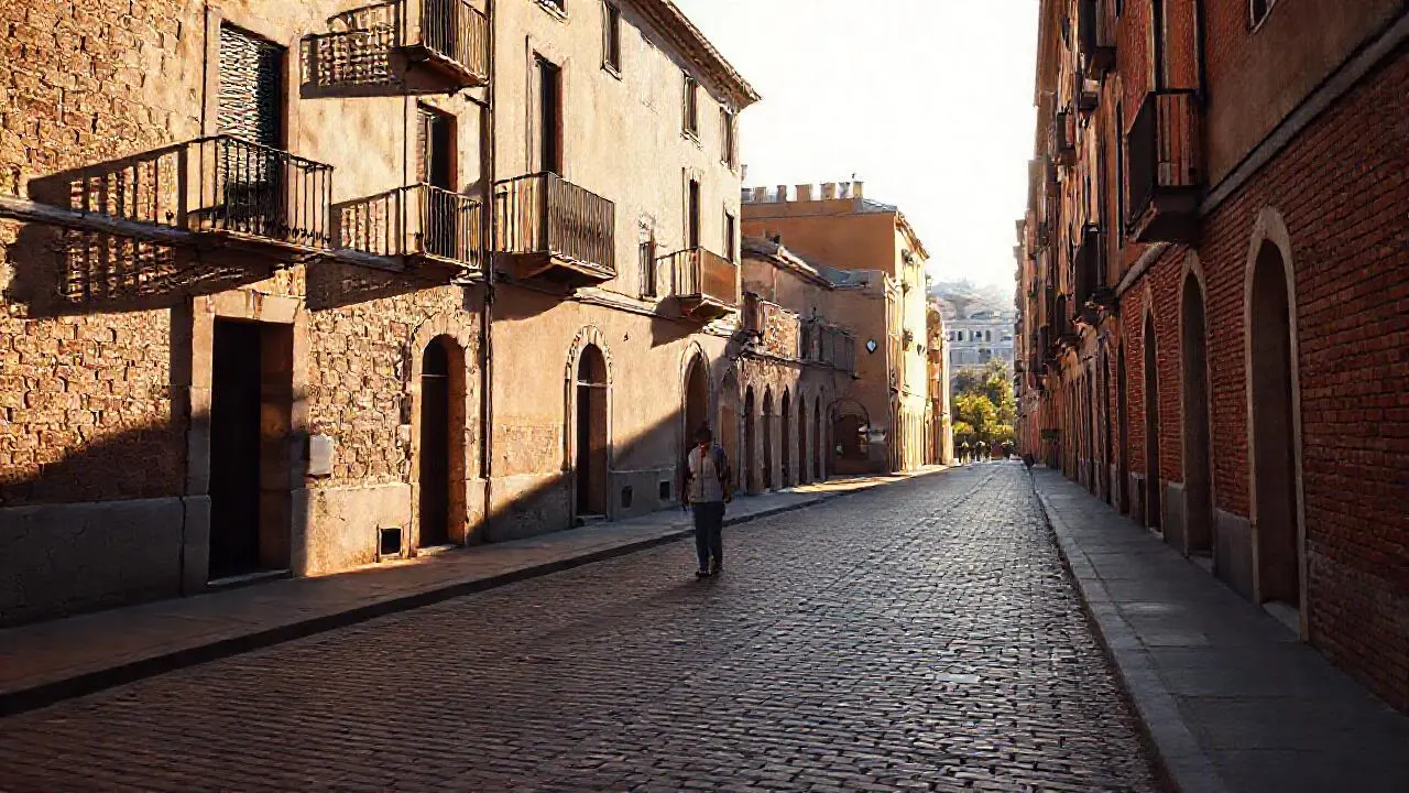 Calle tranquila, arquitectura antigua y luz suave