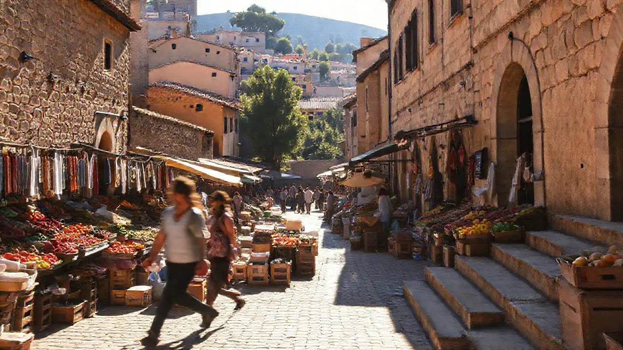 Mercado animado bajo luz cálida y suave
