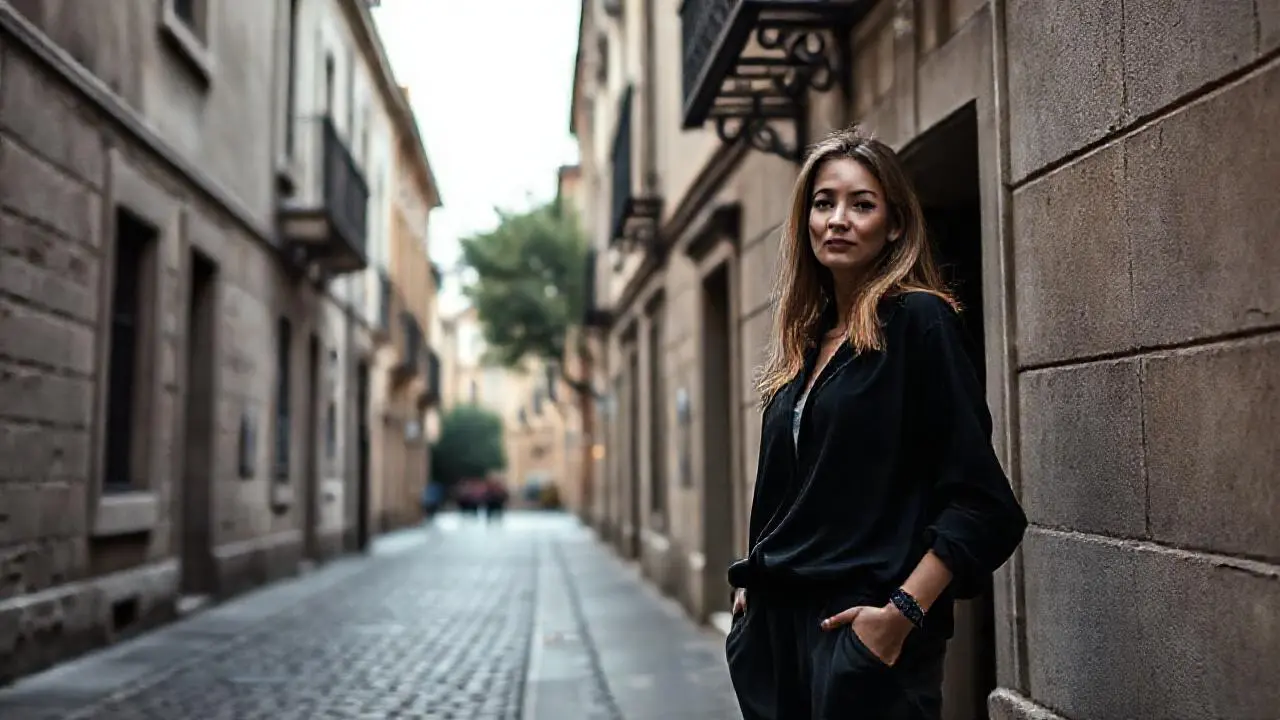 Mujer tranquila en una calle urbana antigua
