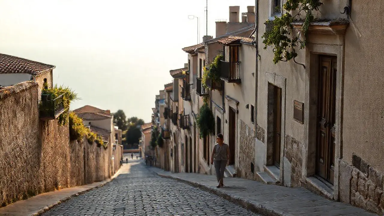 Pueblo costero antiguo, luz suave y tranquila