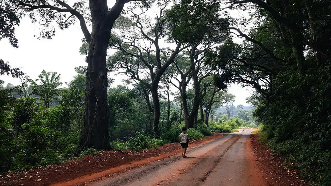 Selva húmeda, figura solitaria en camino