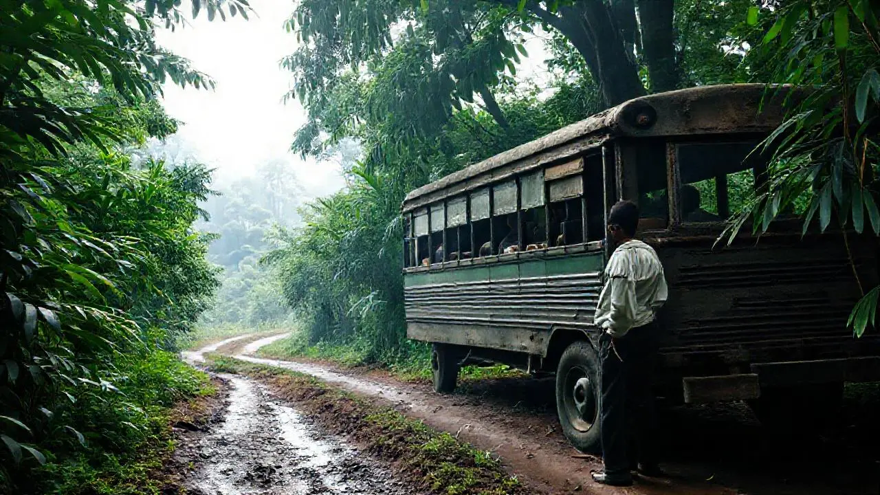 Un autobús abandonado en una selva húmeda