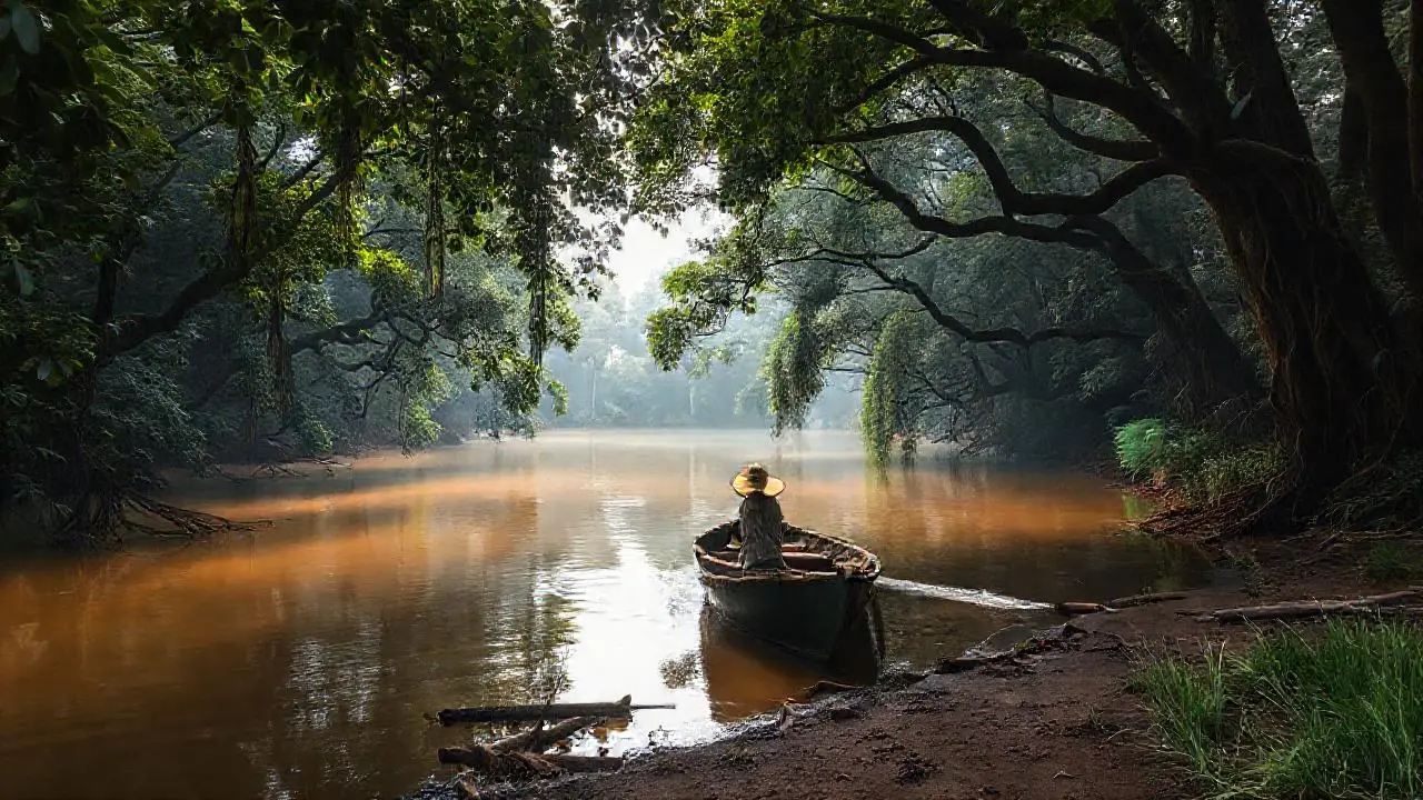 Selva tranquila, reflejos y figura serena