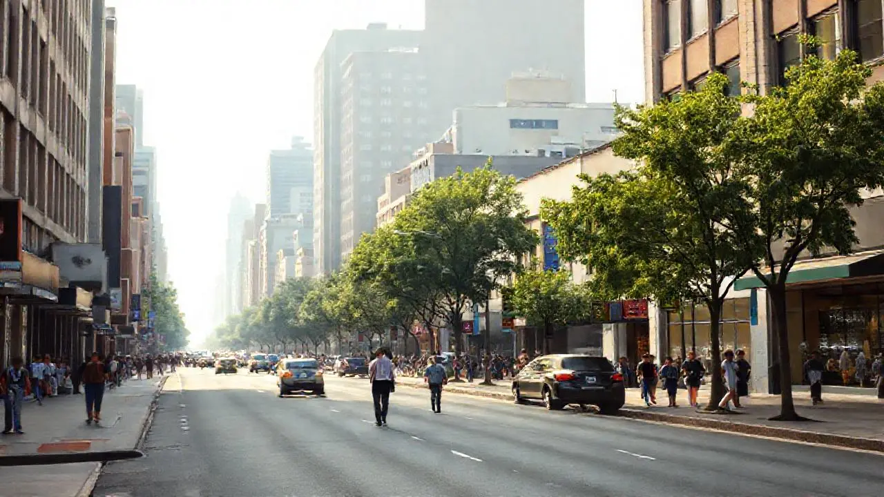 Calle urbana activa, ligeramente difusa y distante
