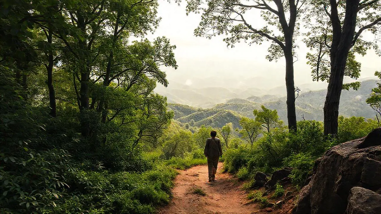 Bosque tranquilo, figura solitaria en la distancia