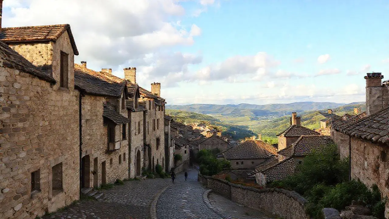 Paz medieval, luz suave, vista serena