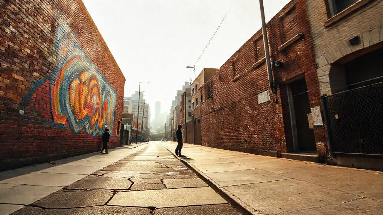 Calle urbana, mural, luz difusa y ambiente