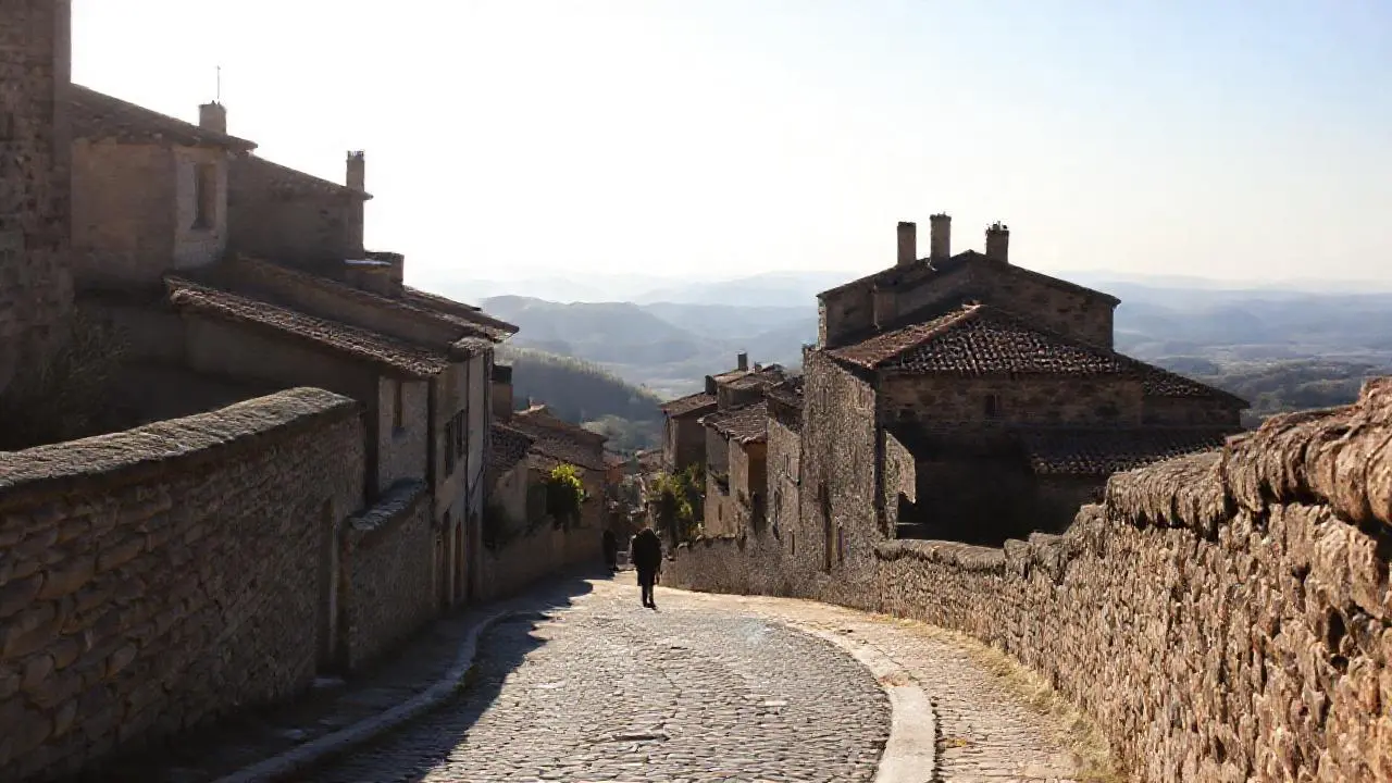Pueblo francés antiguo, tranquilo y brumoso