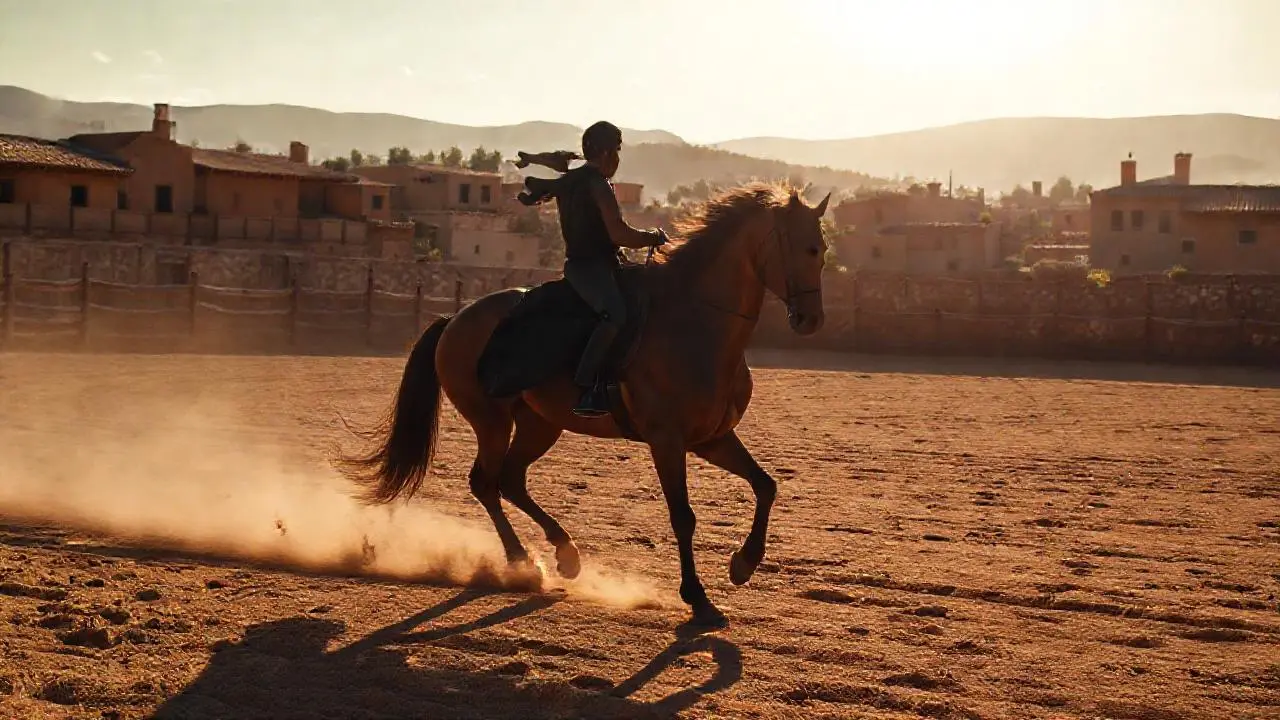 Arena española, luz cálida, jinete solitario