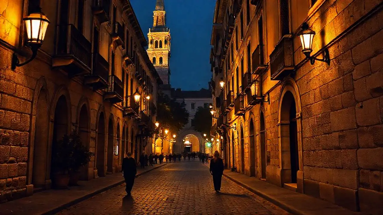 Calle antigua, nocturna y serena