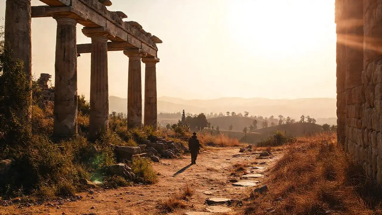Ruinas antiguas bajo luz cálida y quieta