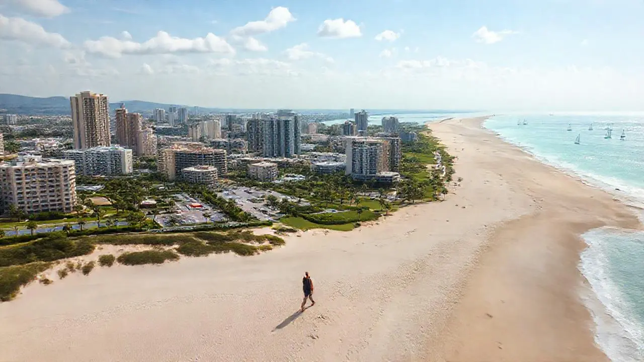 Costa urbana serena, playa y cielo amplios
