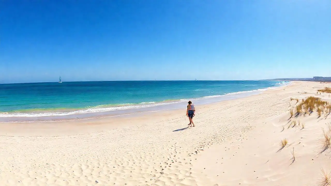 Playa tranquila, luz cálida y amplia