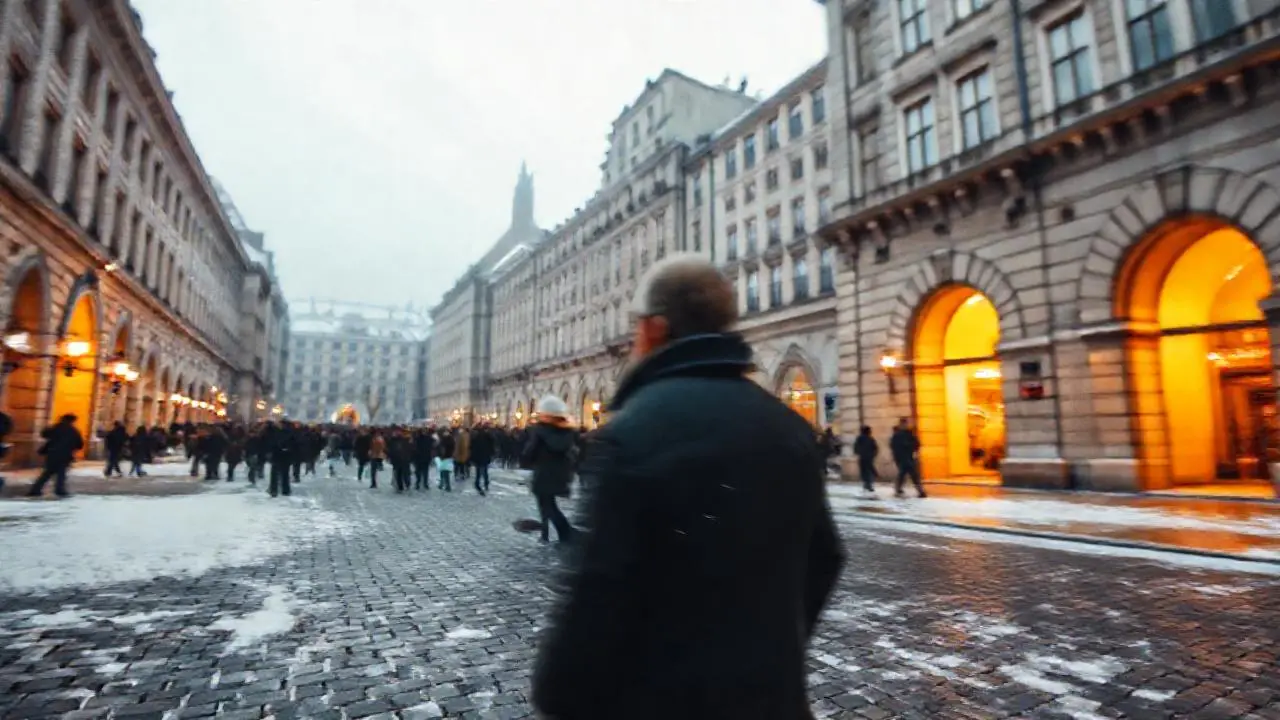 Plaza invernal, arquitectura histórica y ambiente frío