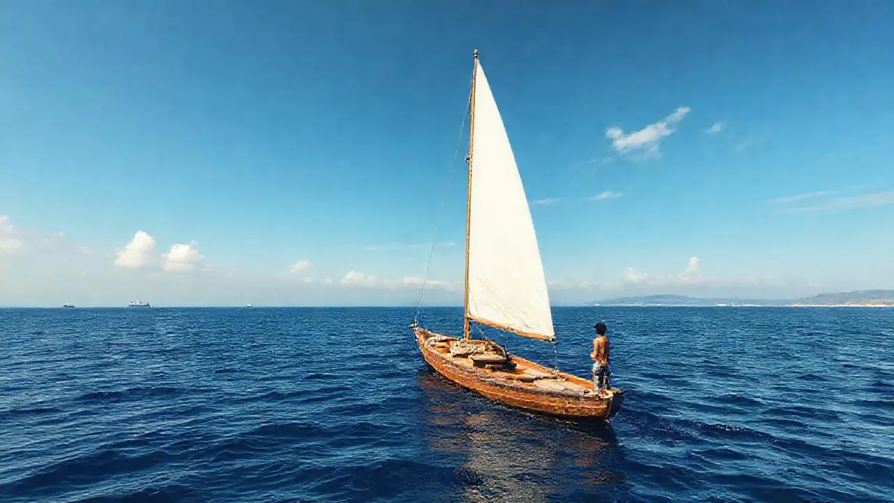 Paz oceánica, sol, barco, y horizonte