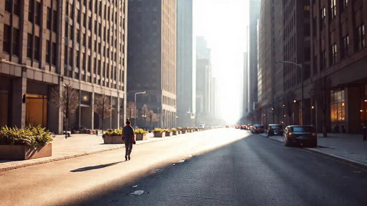Ciudad urbana tranquila, luz suave y difusa