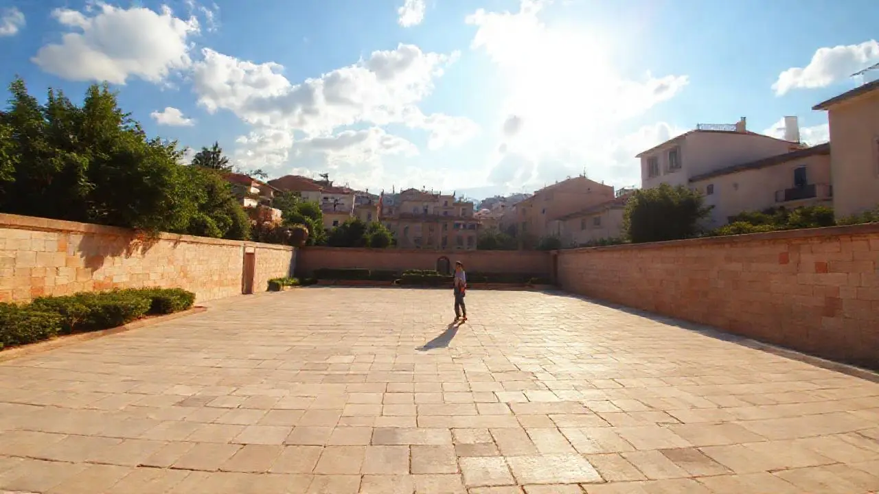 Plaza tranquila, luz suave, ambiente relajado