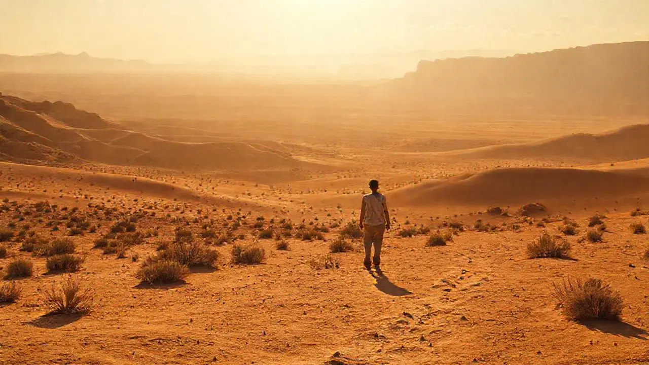 Un caminante solitario en un paisaje desértico vasto