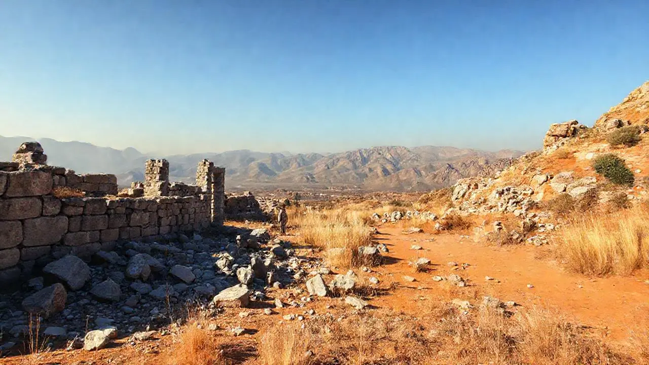 Ruinas antiguas bajo cielo amplio y distante