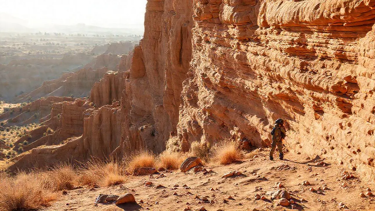 Paisaje árido y vasto, con una figura