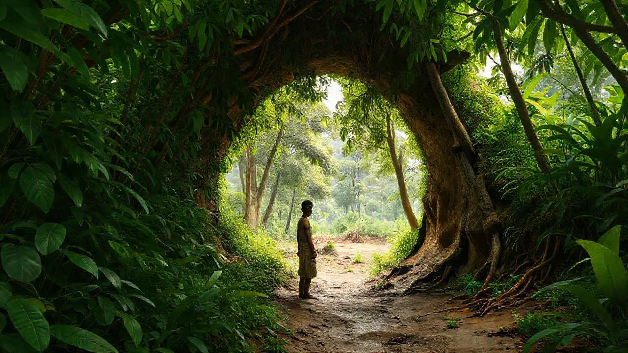 Selva exuberante, túnel, figura y paisaje vasto