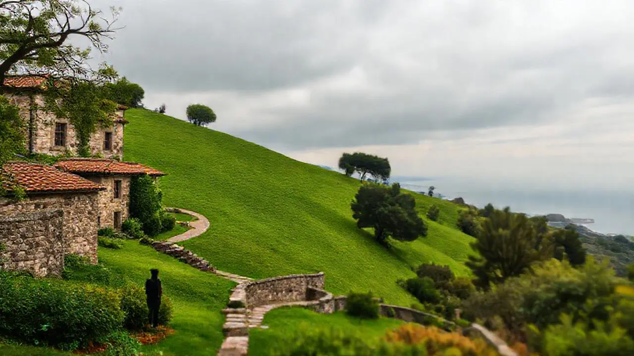 Un jardín tranquilo, paisaje sereno y distante