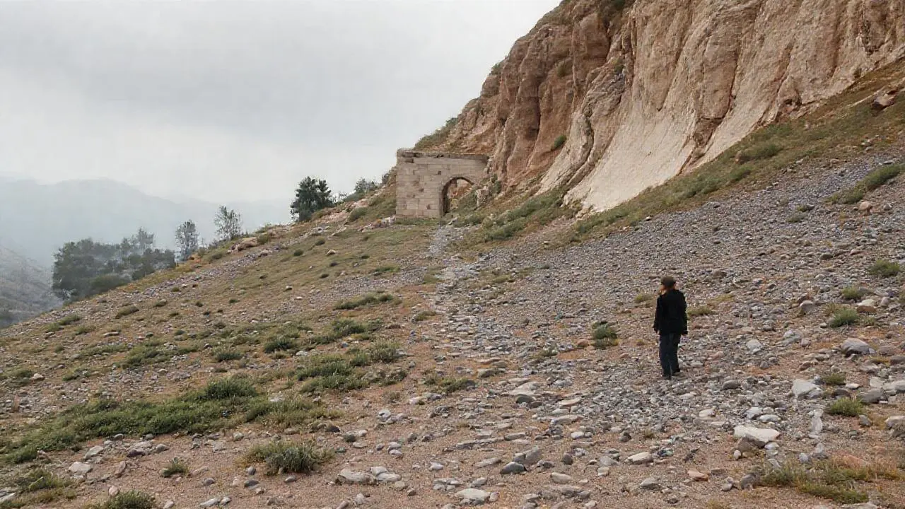 Paisaje rocoso y brumoso con figura solitaria