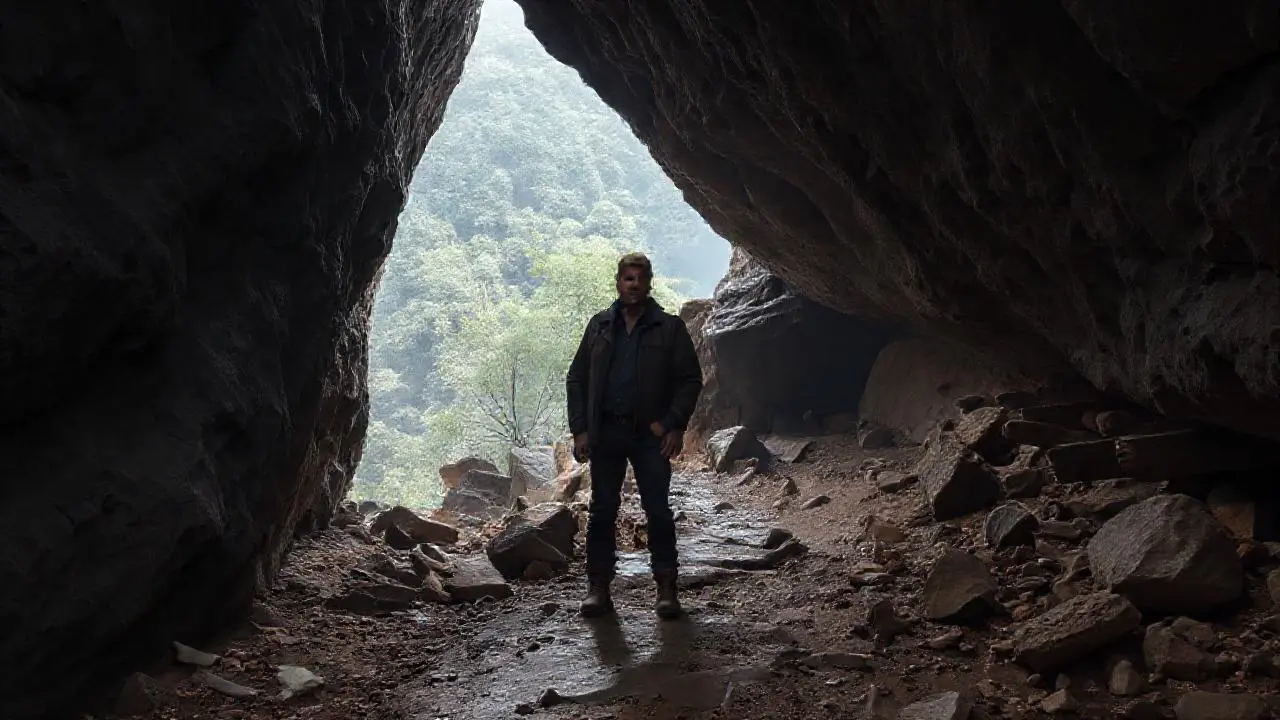 Cueva tranquila, hombre en paisaje rocoso