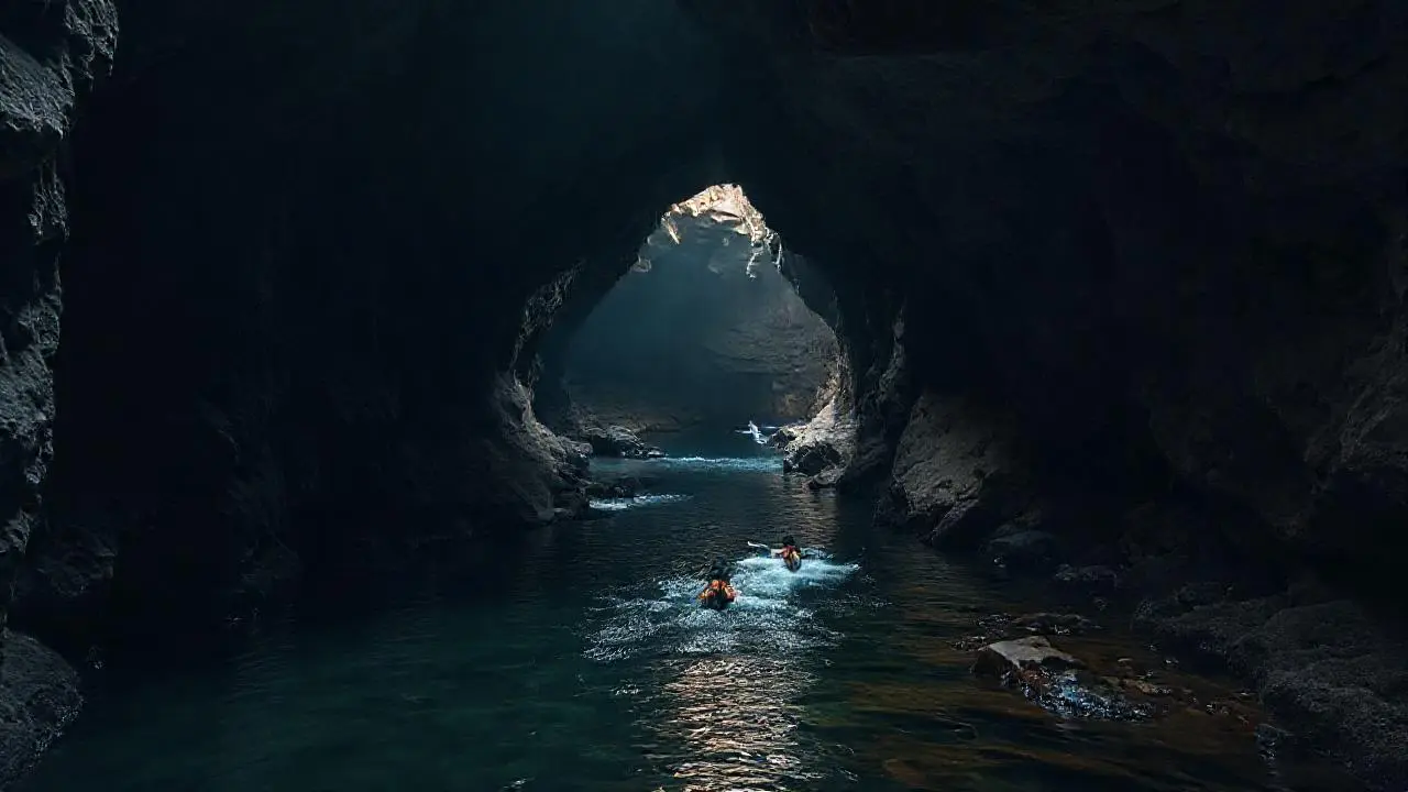 Cueva húmeda y oscura con agua