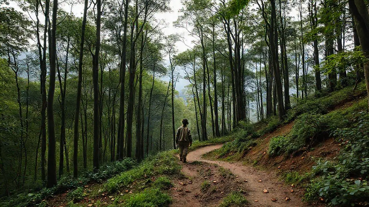 Bosque tranquilo, silueta alejada, atmósfera serena