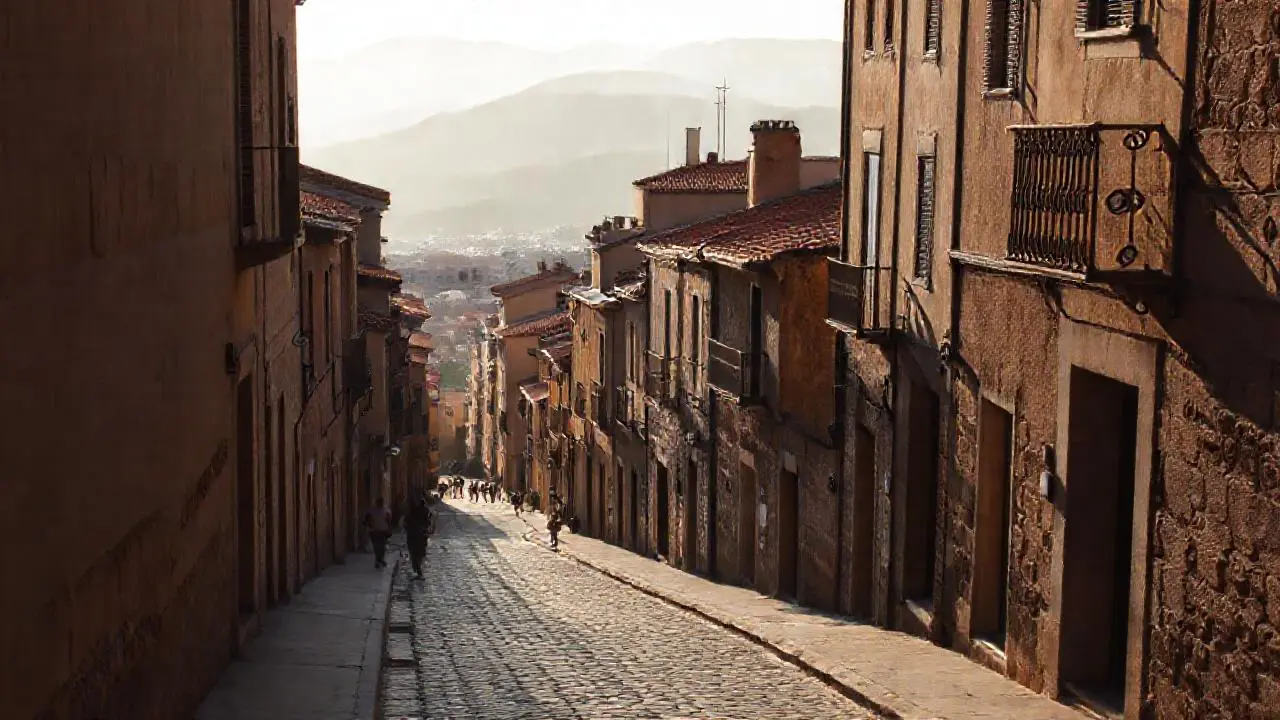 Pueblo antiguo, luz suave y atmósfera tranquila