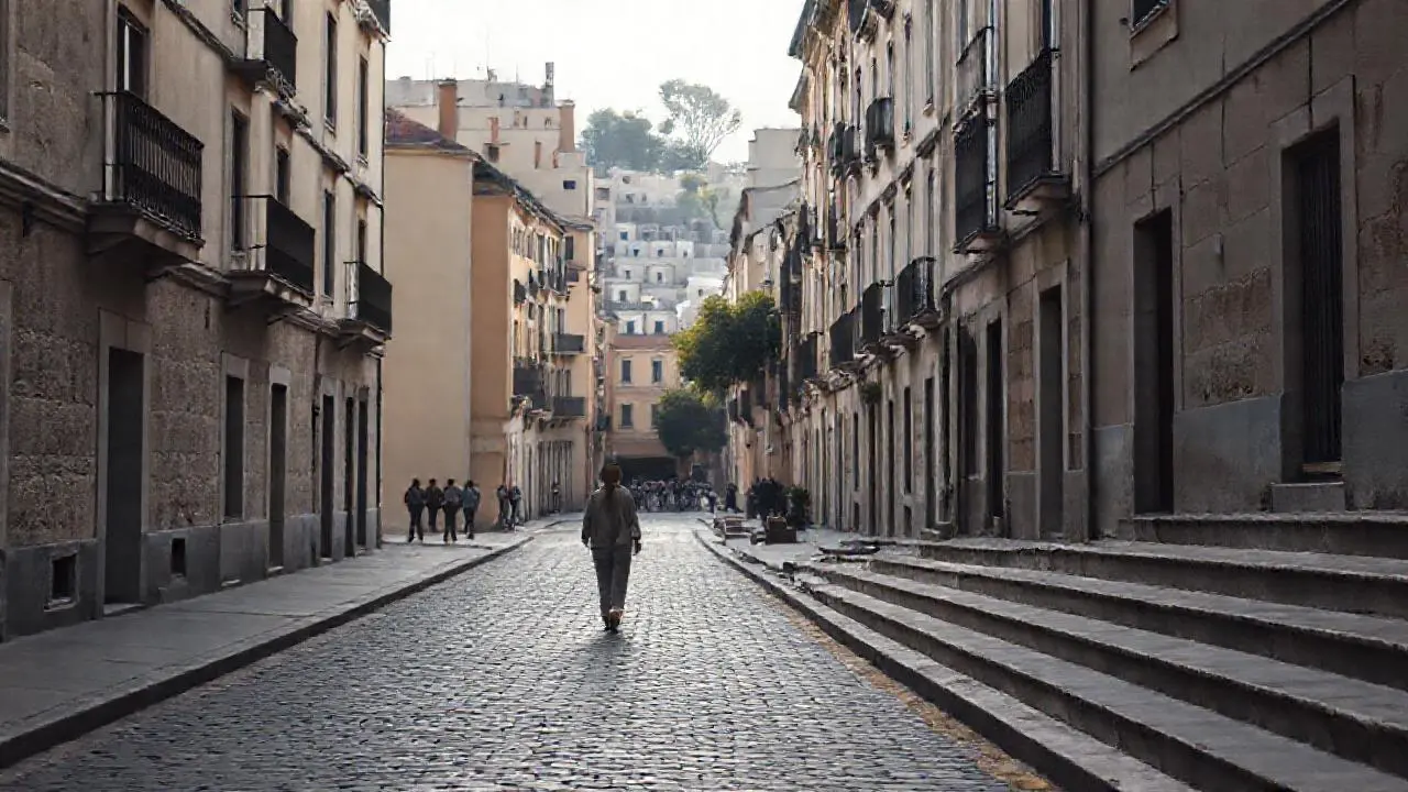 Calle antigua, tranquila y ligeramente brumosa